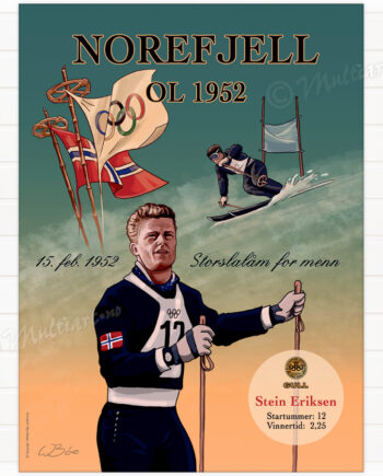 Plakat poster fra Norefjell med Stein Eriksen i 1952