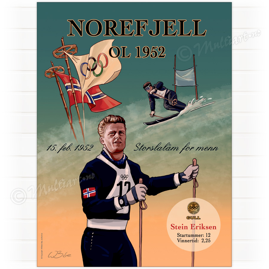 Plakat poster fra Norefjell med Stein Eriksen i 1952