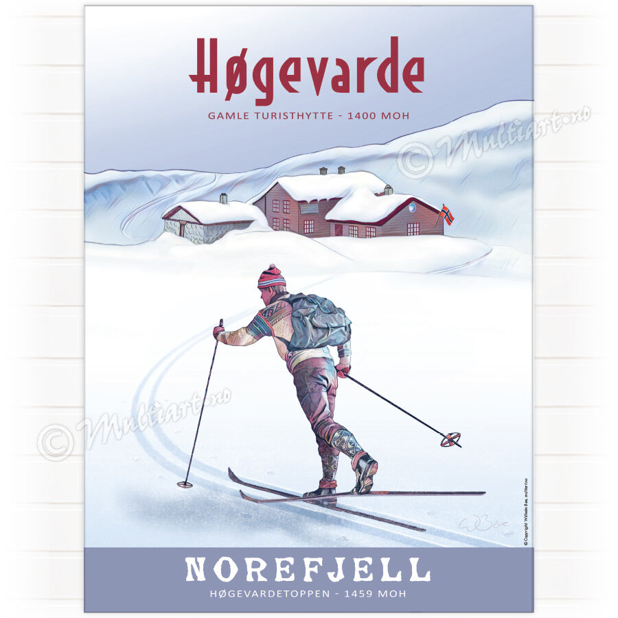 Høgevarde på Norefjell - Plakat poster skiplakat av en skiløper på Norefjell