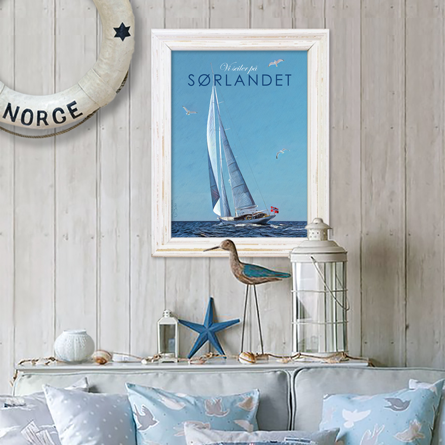 Vi seiler på Sørlandet - Plakat poster med seilbåt på havet