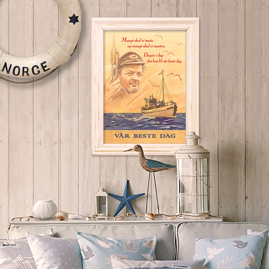 Plakat med Erik Bye, og fiskebåten "Prøven" i soloppgang