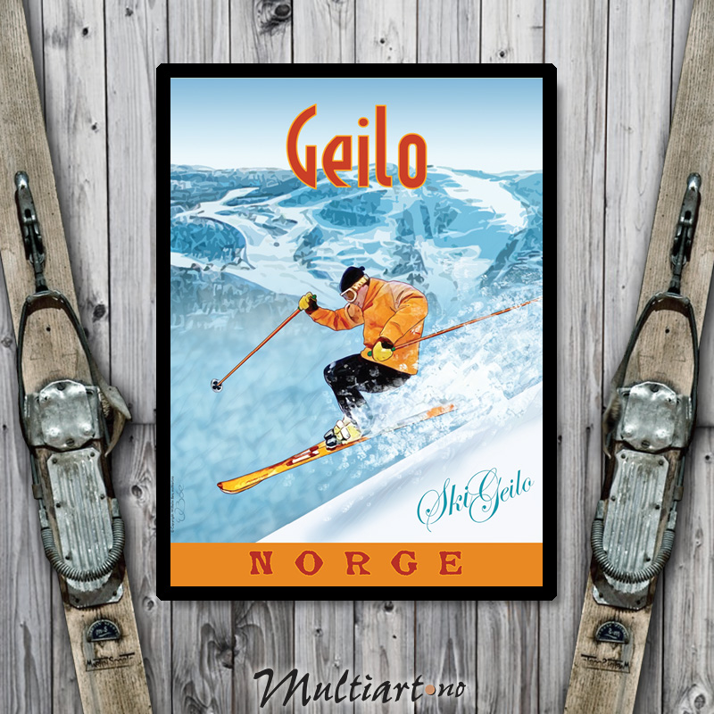 Plakat med tegning av skikjører i skianlegget SkiGeilo, i Geilo