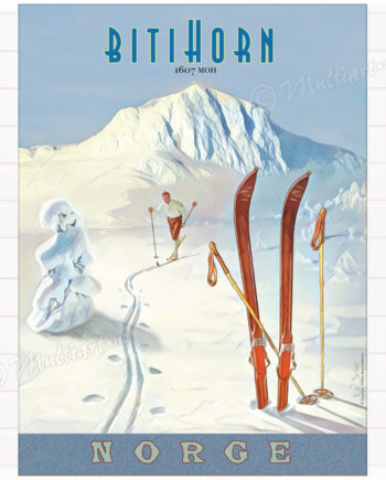 Plakat poster med tegning av skiløper, med fjelltoppen Bitihorn i bakgrunnen