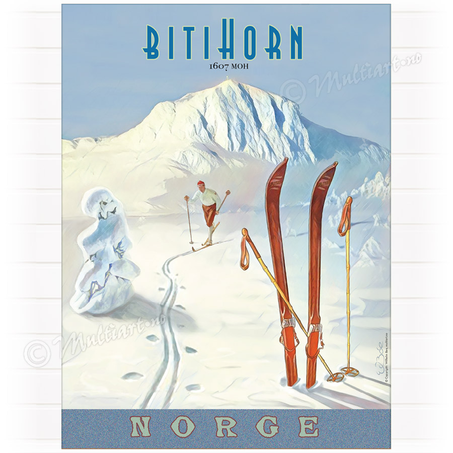 Plakat poster med tegning av skiløper, med fjelltoppen Bitihorn i bakgrunnen