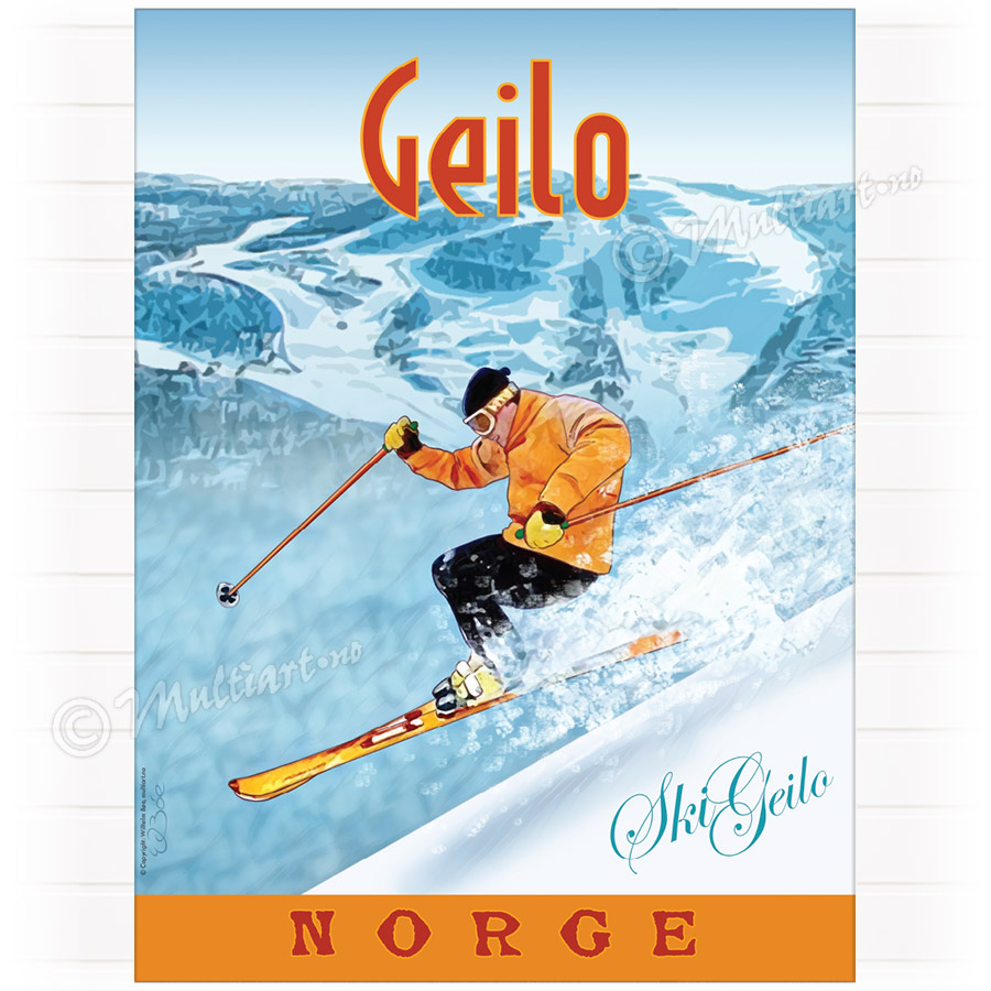 Plakat poster med tegning av skikjører i skianlegget SkiGeilo, i Geilo