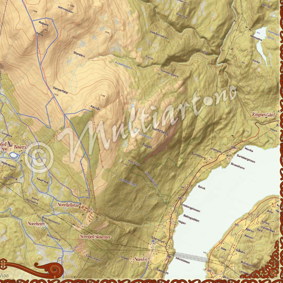 Norefjell veggkart med løypekart 2020. Nærbilde av kart med skiløyper.
