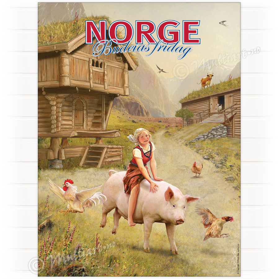 Budeias fridag, nasjonalromantisk plakat med budeie som rir på en gris