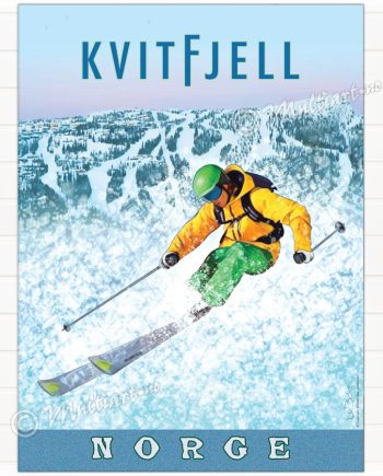 Plakat med tegning av skiløper, med Kvitfjell i bakgrunnen