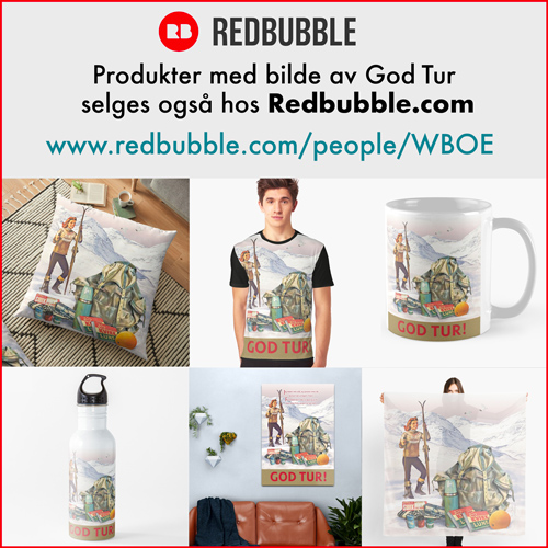 Bildet med GOD TUR selges også på produkter hos Redbubble.com