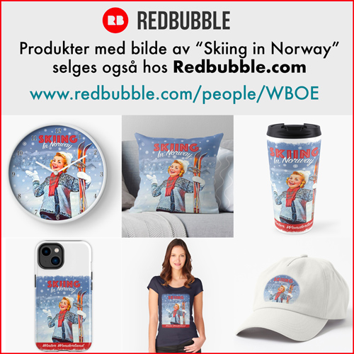 Bildet med "Skiing In Norway" selges også på produkter hos Redbubble.com