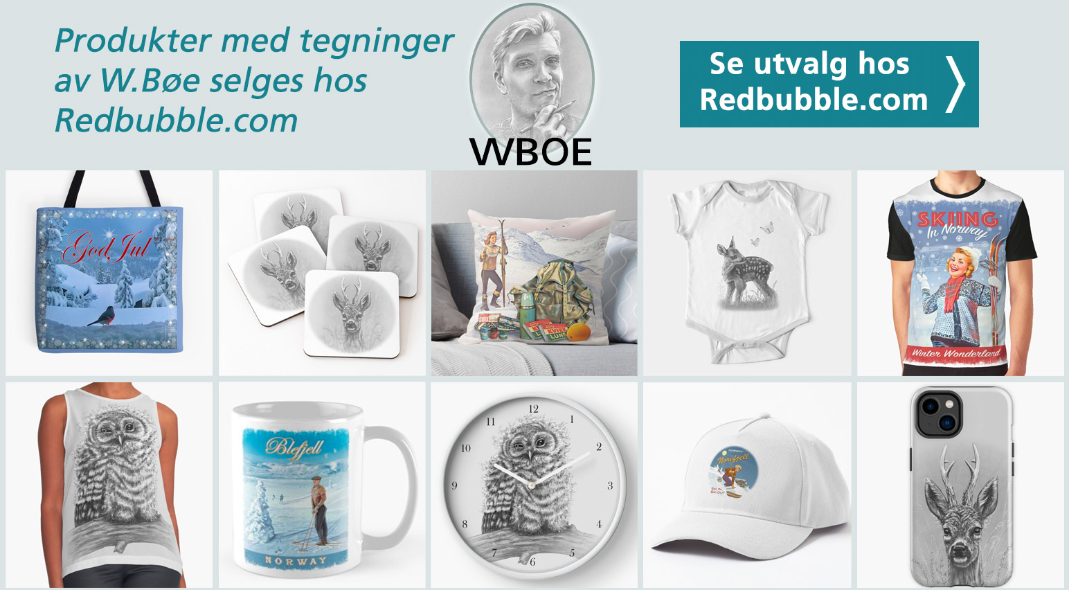 Produkter med tegninger av W. Bøe selges hos Redbubble.com