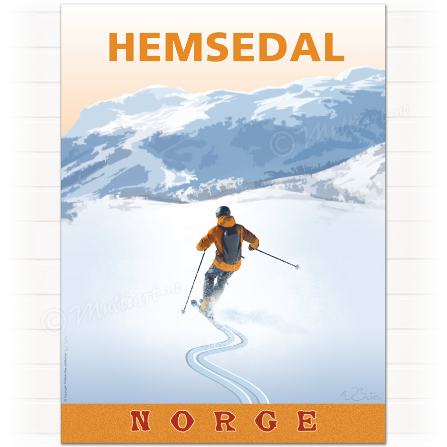 Plakat poster fra Hemsedal. Skiløper i løssnø